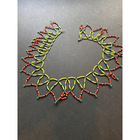 Vtg 1970's Hand Beaded Yoke Or Net Style Necklace Beaded Triangles Pan Tribal - Picture 6 of 6